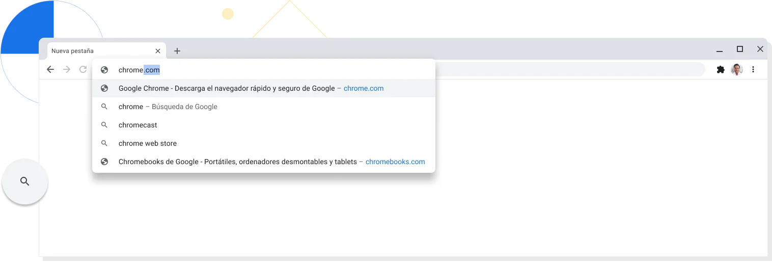 Vista ampliada de una nueva pestaña en una ventana del navegador Chrome con chrome.com escrito en la barra de direcciones.
