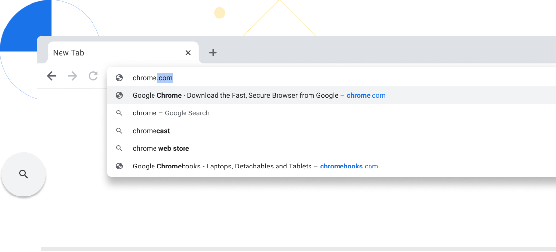 Vista ampliada d'una pestanya nova en una finestra del navegador Chrome amb el lloc web chrome.com introduït a la barra d'adreces.