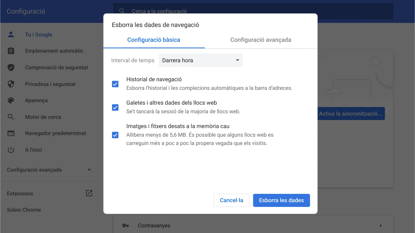 Finestra de la configuració del navegador Chrome que mostra el menú d'opcions Esborra les dades de navegació.