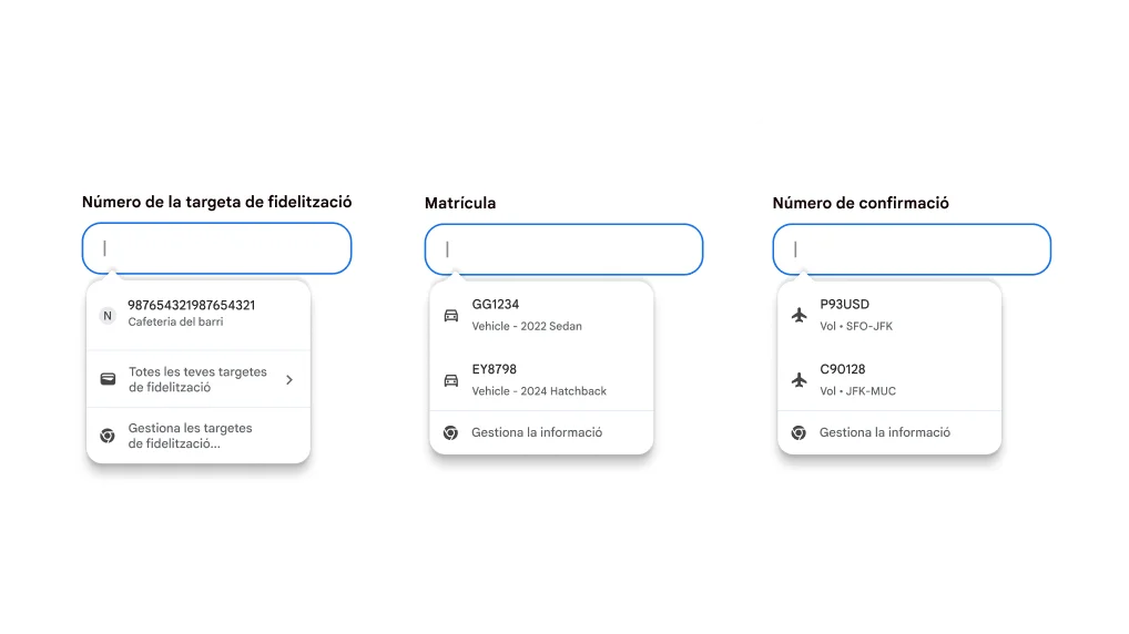 Experiència d'usuari d'emplenament automàtic per emplenar targetes de fidelització, la informació del vehicle i la informació d'un vol.
