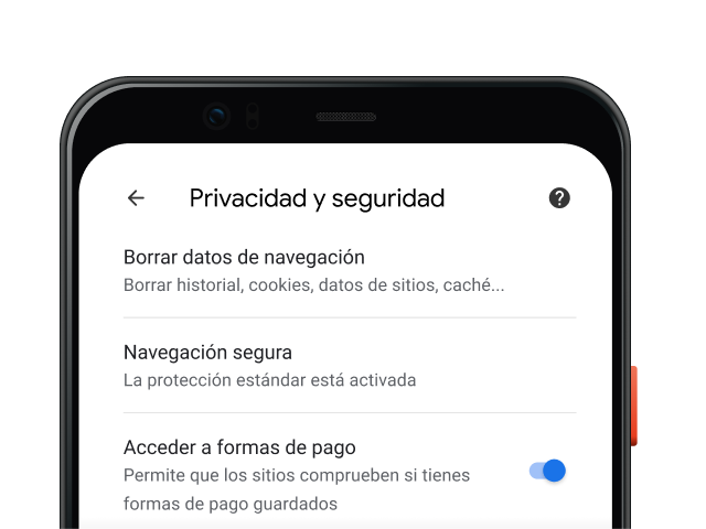 Página de configuración Privacidad y seguridad en un dispositivo móvil.