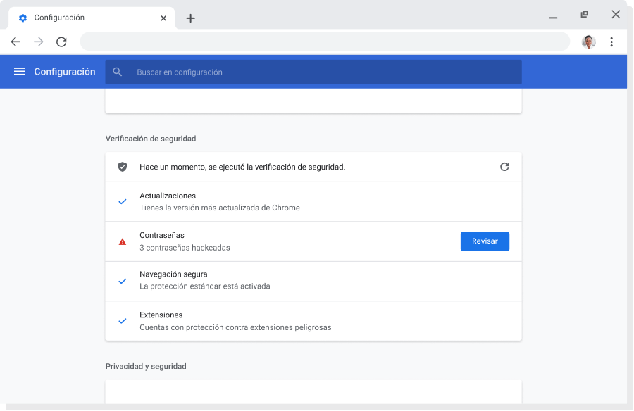 Ventana del navegador Chrome que muestra la configuración de cuenta y sincronización para las Cuentas de Google, con la sincronización habilitada.