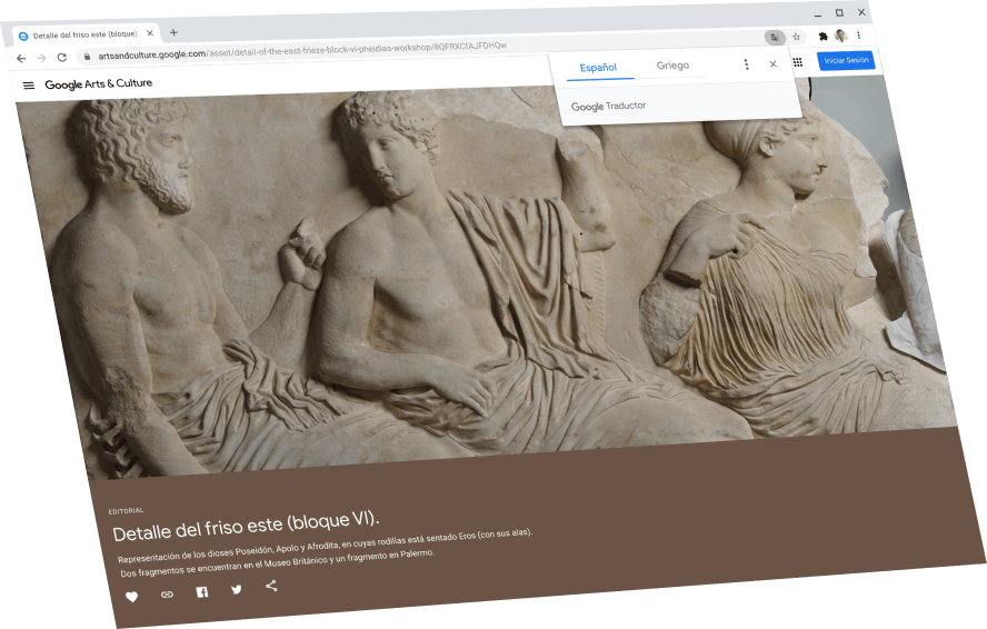 Se muestra una página de Google Arts & Culture en proceso de traducirse al inglés con un cuadro de diálogo del Traductor de Google en la parte superior.