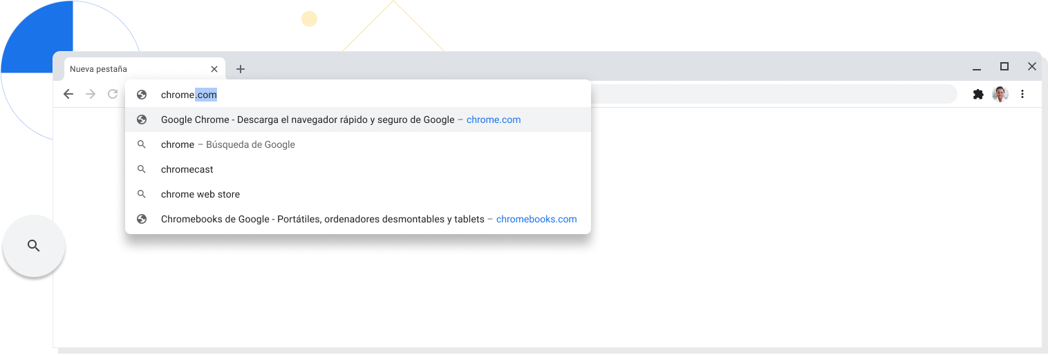 Vista ampliada de una nueva pestaña en una ventana del navegador Chrome con chrome.com escrito en la barra de direcciones.