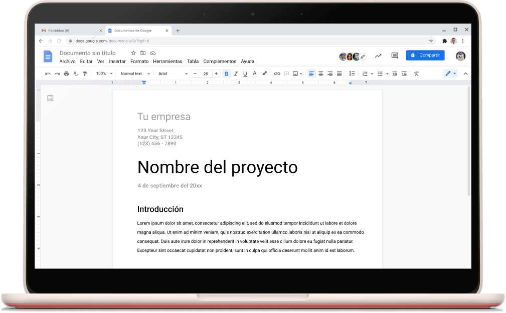 Pantalla de Documentos de Google donde se muestra una plantilla de proyecto abierta.