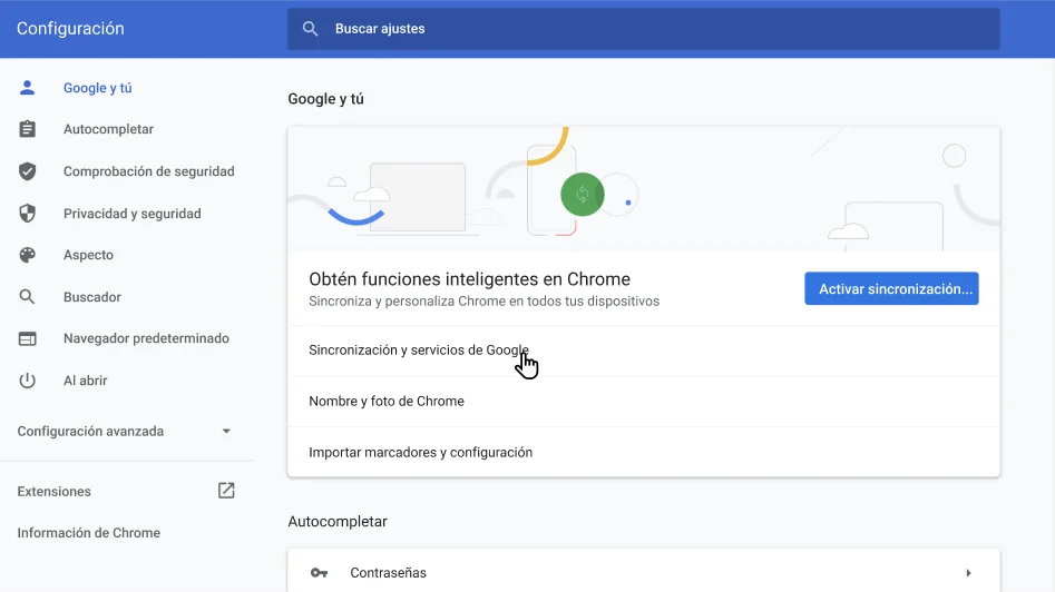 Ventana de configuración del navegador Chrome que muestra el menú de opciones Google y tú.