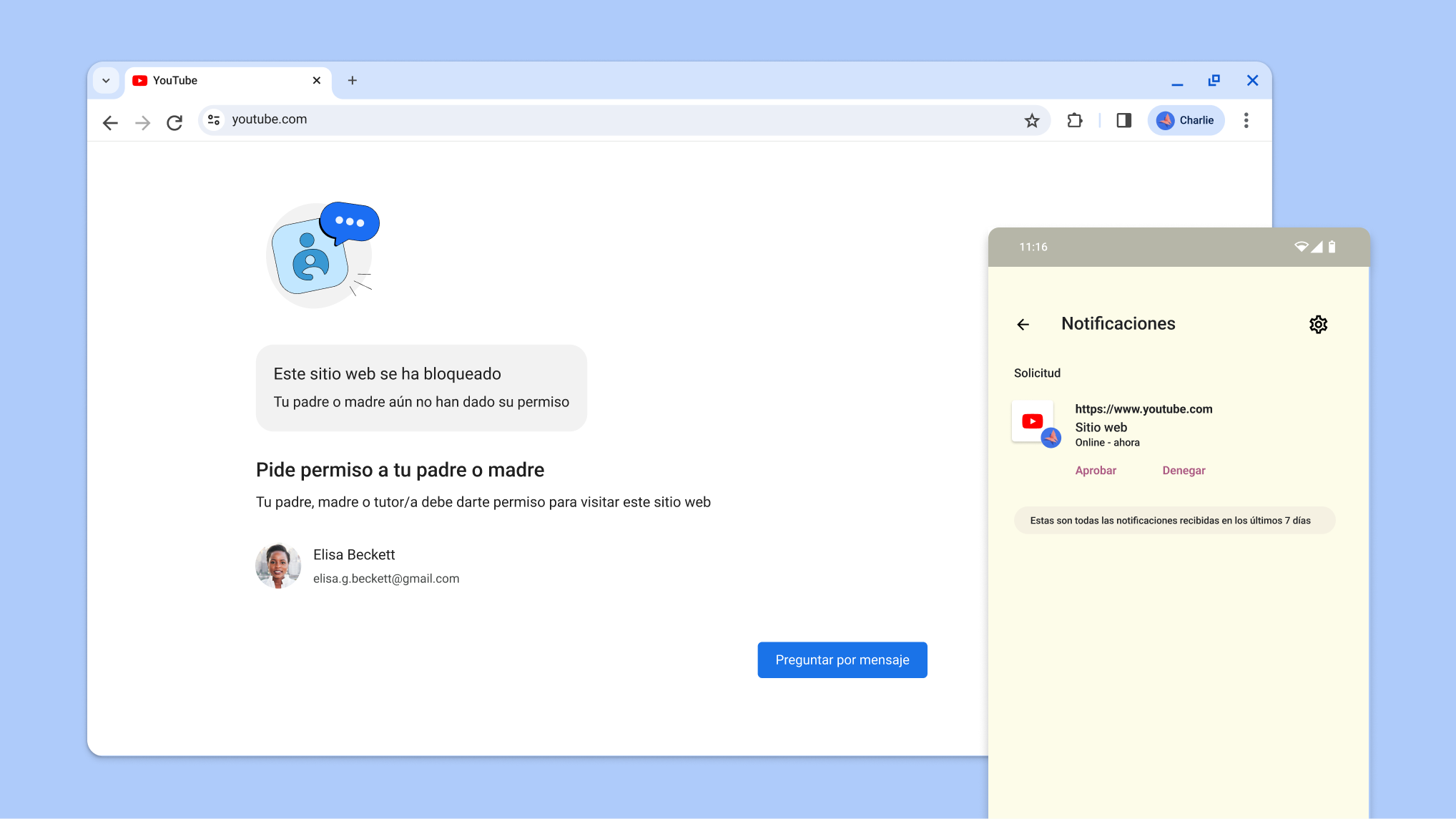 Sitio web bloqueado por los controles parentales y una notificación de Family Link para aprobar el acceso