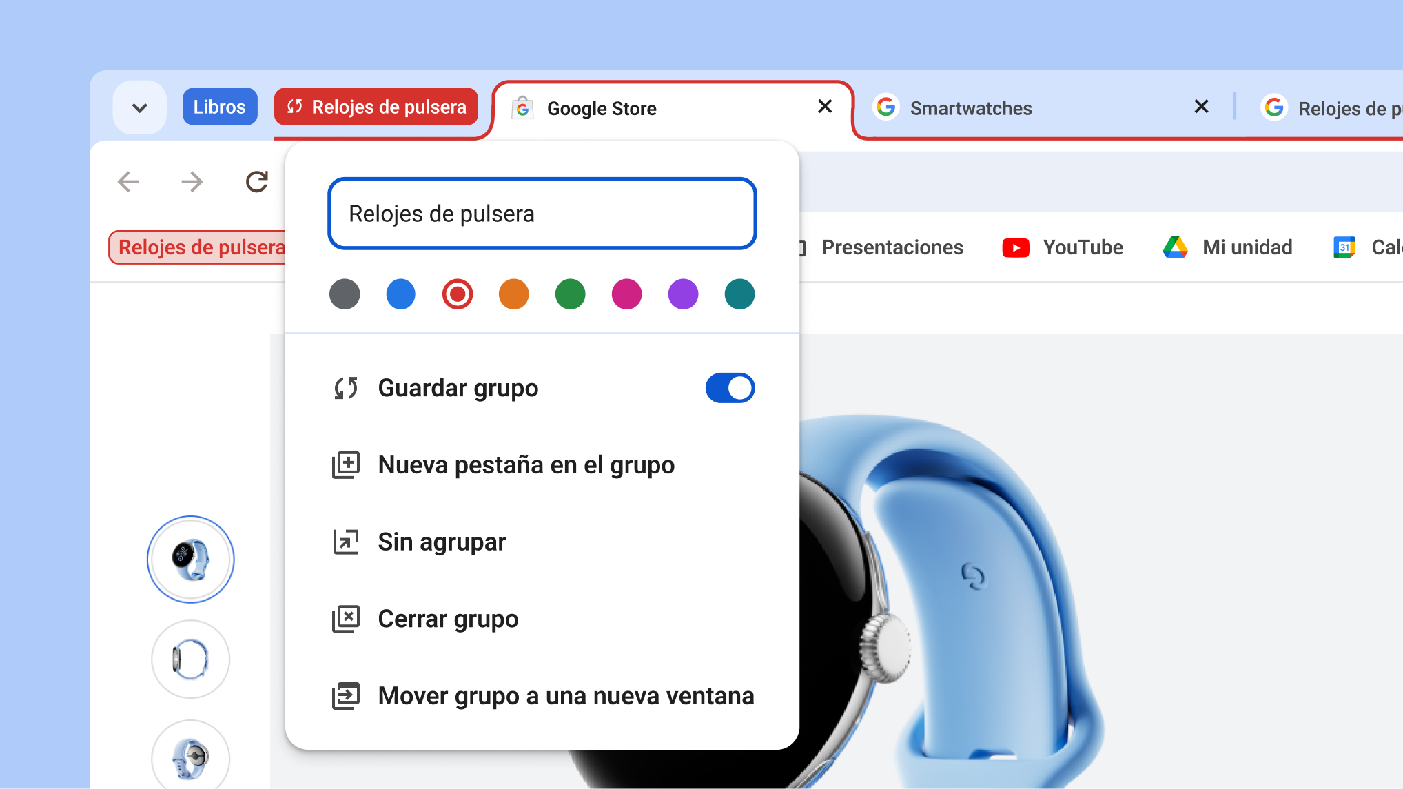 Menú de grupo de pestañas abierto donde se ven las nuevas opciones de guardar y ocultar un grupo