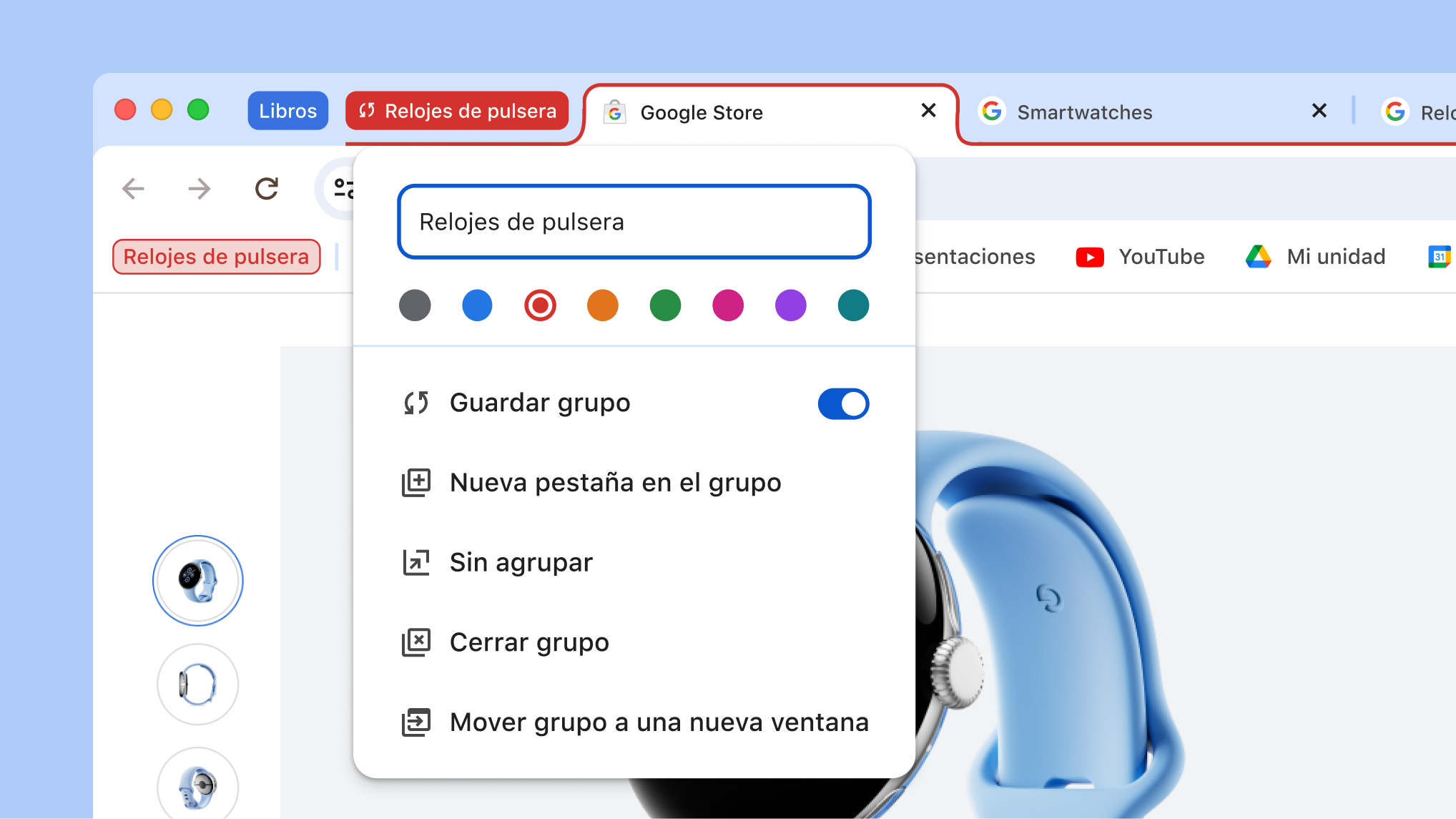 Menú de grupo de pestañas abierto donde se ven las nuevas opciones de guardar y ocultar un grupo