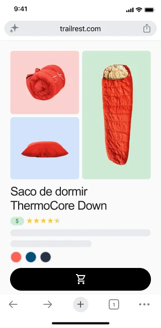 En una página de venta minorista en la que se muestra una bolsa de dormir, una usuaria abre Gemini en Chrome. Aparece un cuadro para que pueda hacerle una pregunta a Gemini.