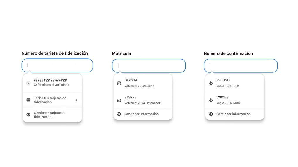 Experiencia del usuario de Autocompletar para completar tarjetas de lealtad, información de vehículos y de vuelos.