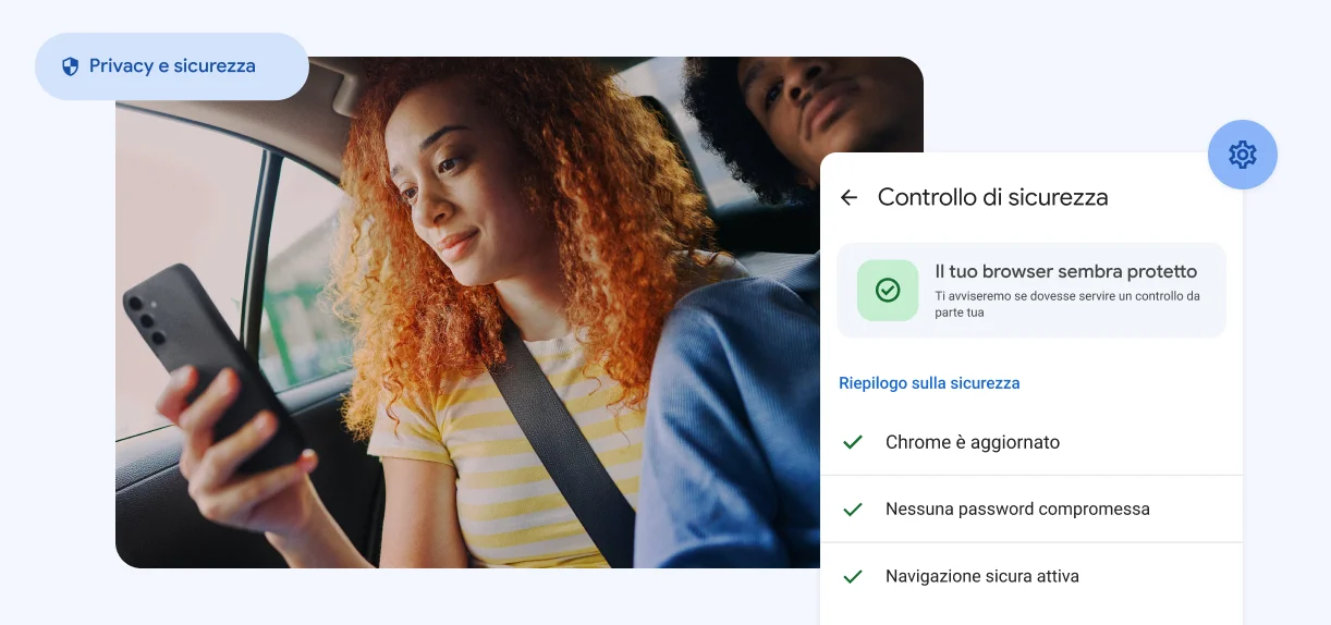 Una donna guarda il suo smartphone. Gli elementi includono la dicitura “Privacy e sicurezza” con un avviso sulle password compromesse.