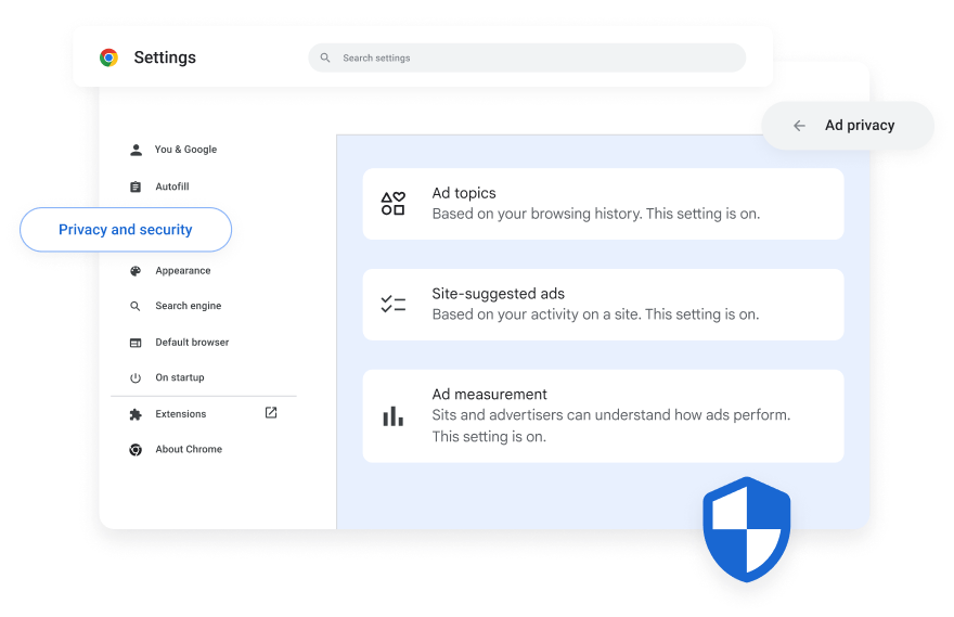 An abstract UI highlights where users can find the Privacy and security section in Chrome’s settings.