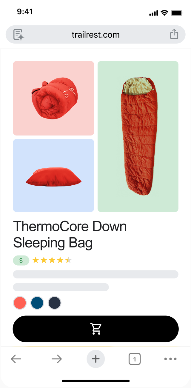 On a retail page featuring a sleeping bag, a user opens Gemini in Chrome. A box appears so they can ask Gemini a question.
