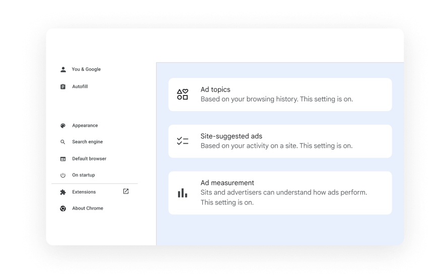 An abstract UI highlights where users can find the Privacy and security section in Chrome’s settings.