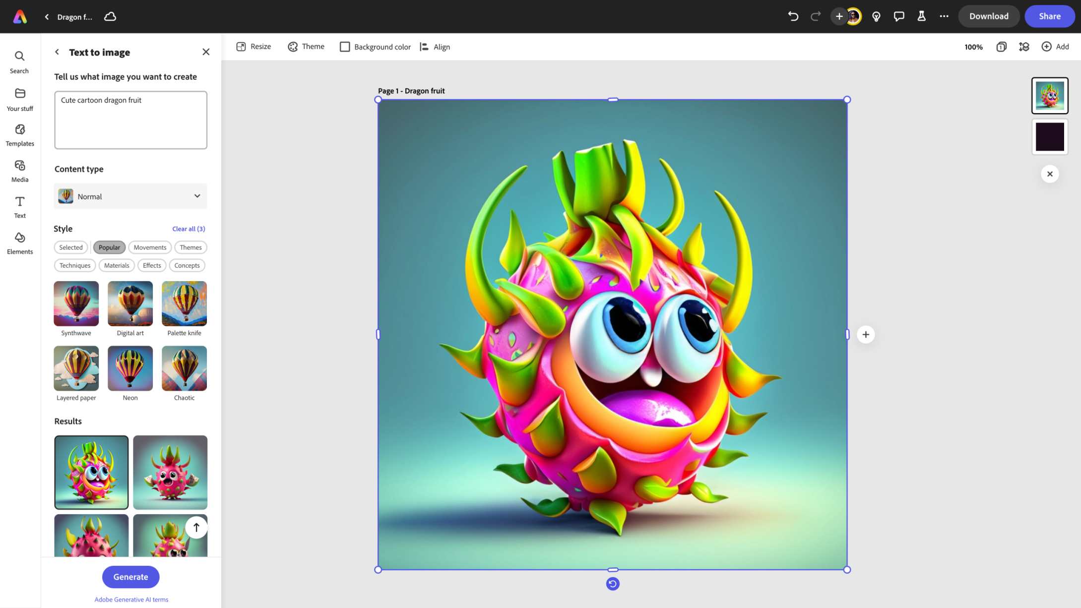 La app web de Adobe Express se muestra en la pantalla de un dispositivo Chromebook. La app web muestra la función 'Texto a imagen' con la siguiente instrucción dentro del cuadro de texto : "Caricatura tierna de una pitaya" y la imagen que se generó al lado del texto.