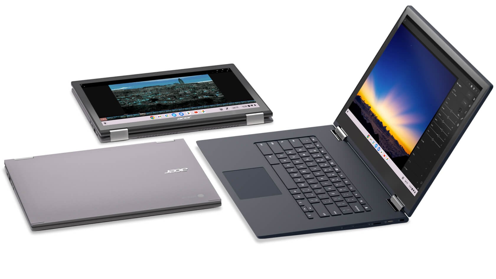 Imagen cenital donde se muestran los tres modos diferentes de una Chromebook convertible: cerrada, tablet y laptop.